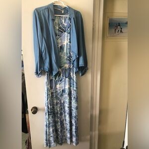 Soft Surroundings Blue Printed Maxi Dress with Light Blue Jacket